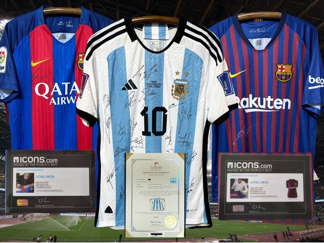 【メッシ直筆サイン入り3枚】 アルゼンチン代表•バルセロナユニフォームおまけ付き