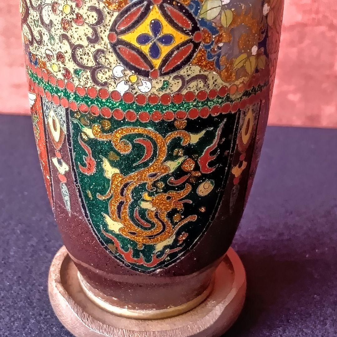 明治〜大正◆アンティーク◆七宝焼◆一輪挿し◆安藤七宝店◆龍朱雀蝶草花紋◆木製台座