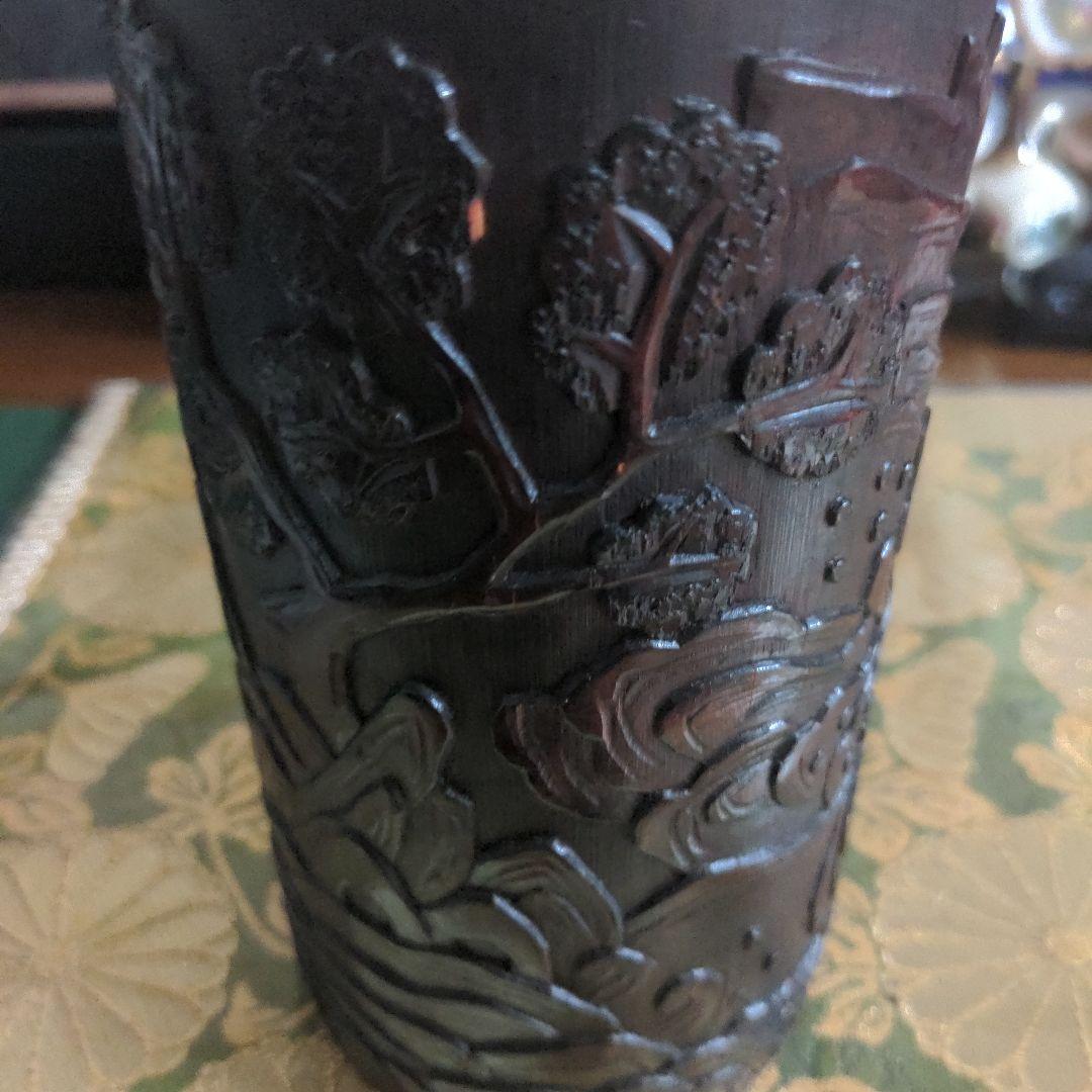 【最終価格】 中国骨董　鯉図　彫刻筆筒　時代品