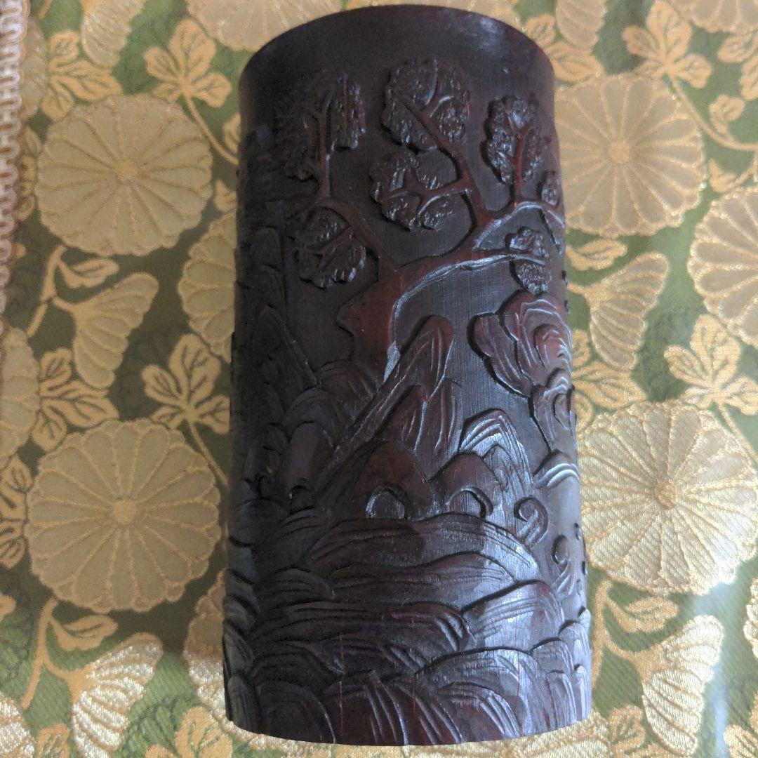 【最終価格】 中国骨董　鯉図　彫刻筆筒　時代品