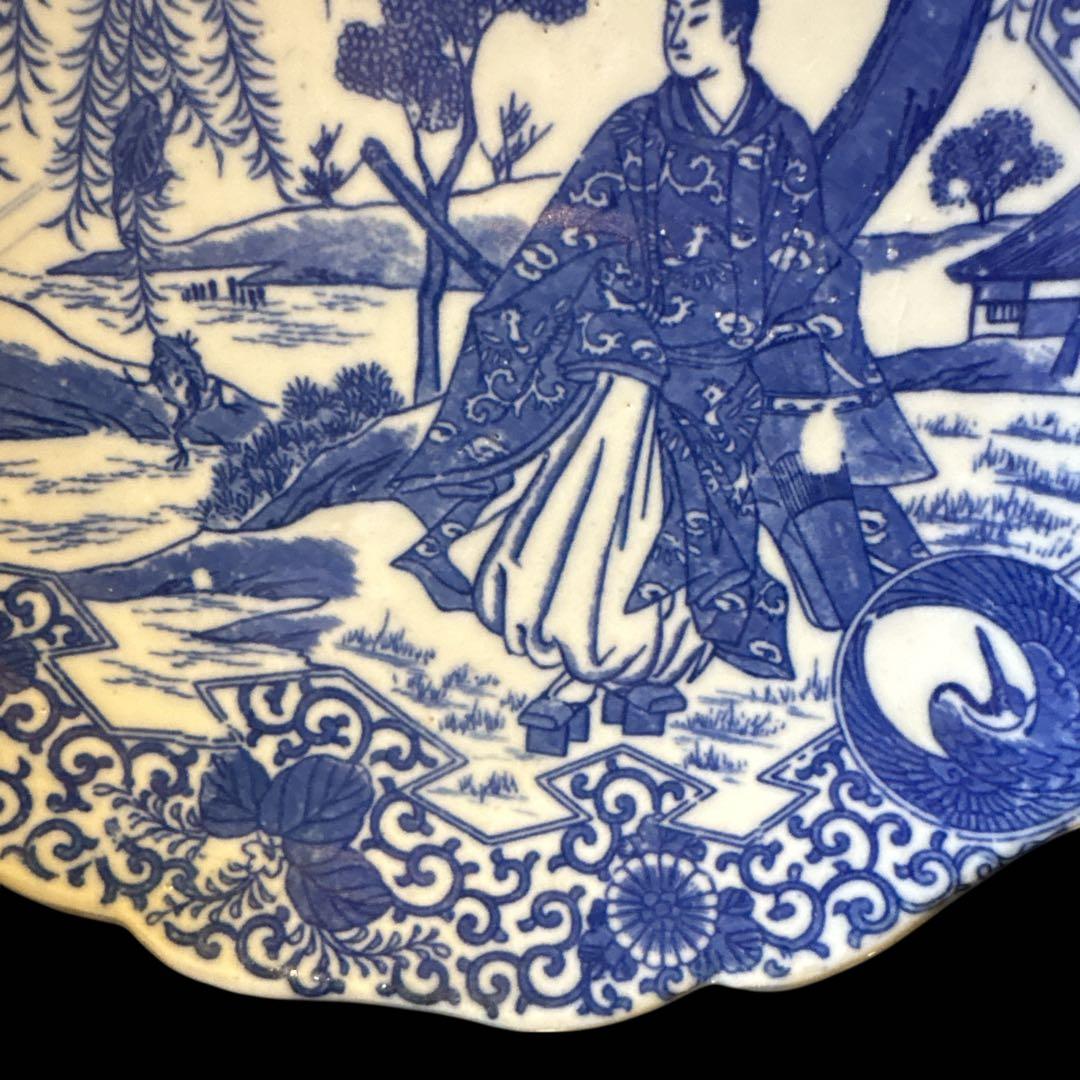 伊万里 アンティーク 染付 印判 中皿 輪花皿 貴人図 柳樹 鶴丸 見返し唐草