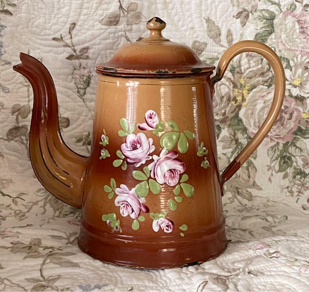 ＊フランスアンティーク＊ホーロー＊薔薇のポット＊