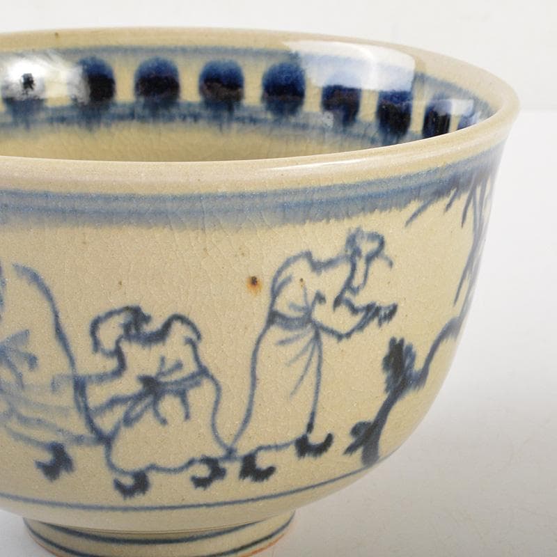 茶道具　膳所焼　淡海ぜぜ　陽炎園造　安南写　七賢人絵　茶碗　共箱　V　6532