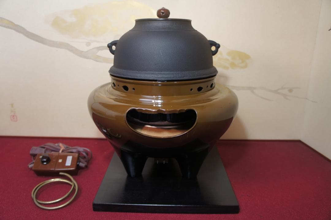 ☆さびない野々田合金製朝鮮風炉釜 唐銅蓋 410W電熱器(可変) 敷板送料込み