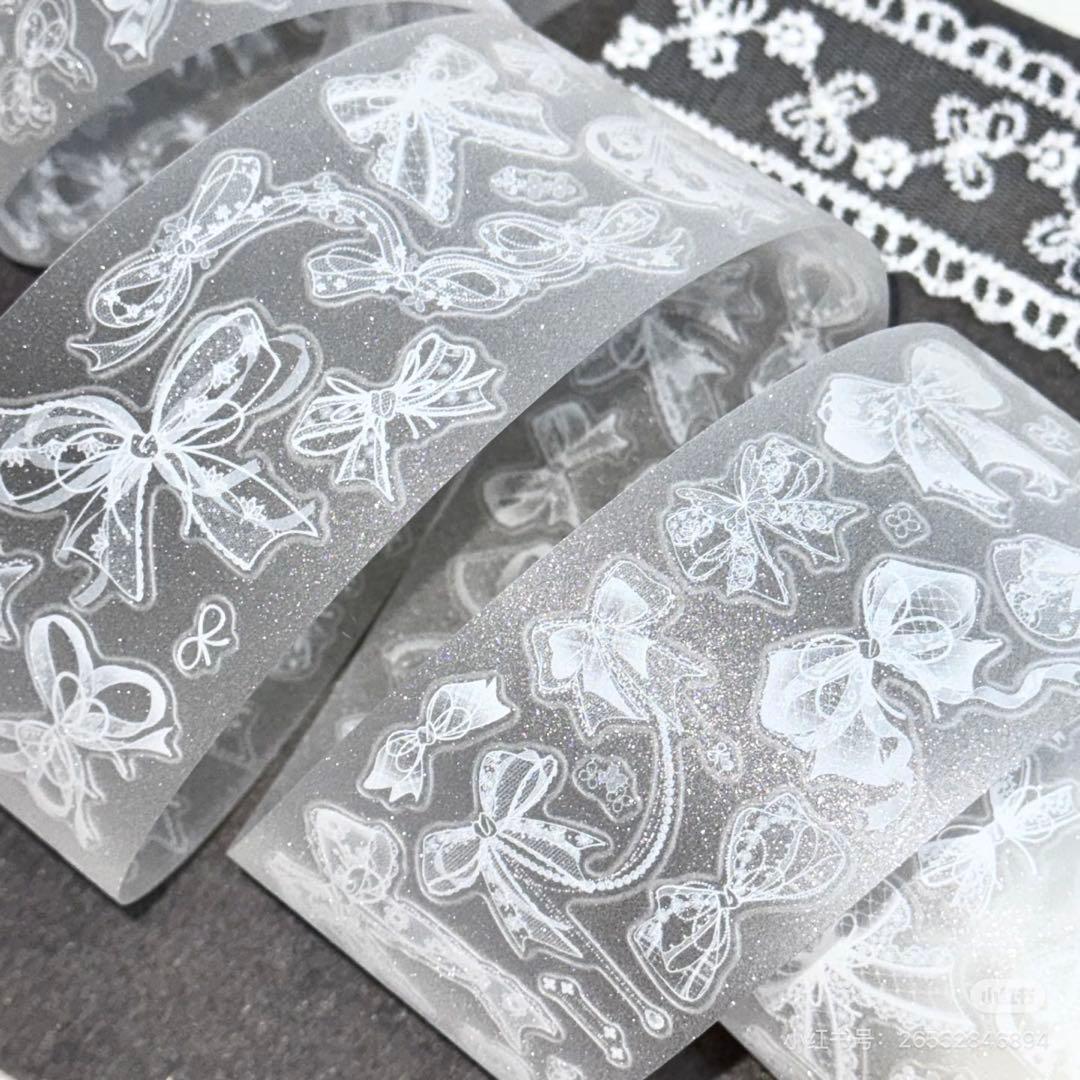 【9085】海外　マステ　5m巻　ラメ加工カッティング　レース　白リボン　装飾系