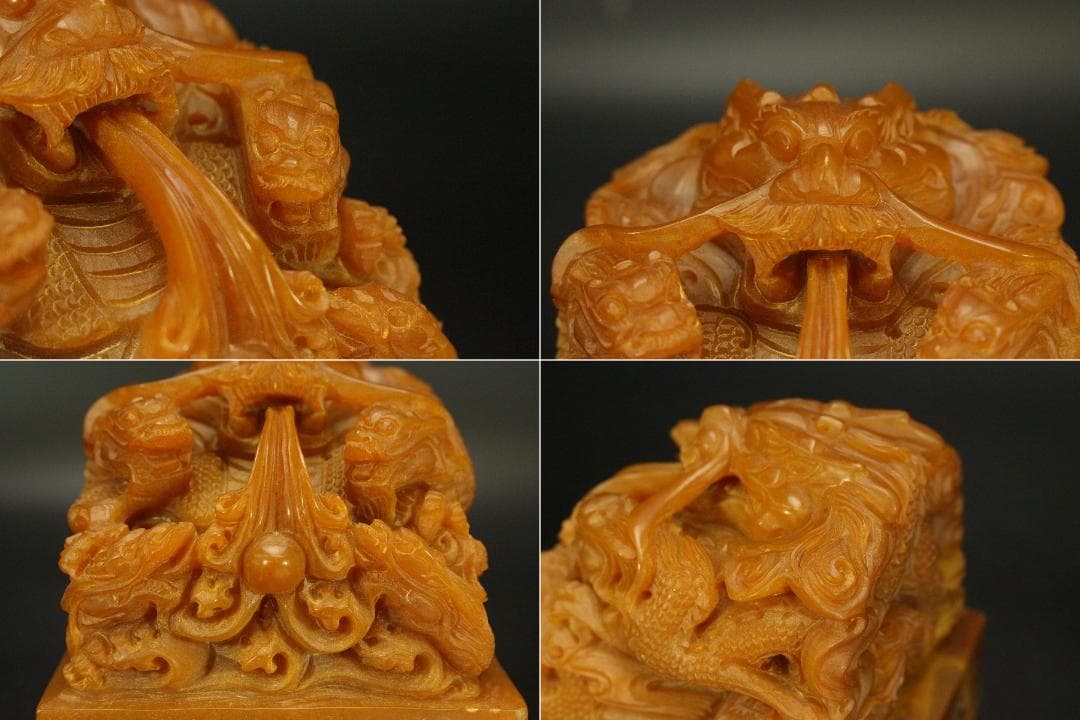 中国美術 黄玉石 刻龍 大印 田黄(A735)