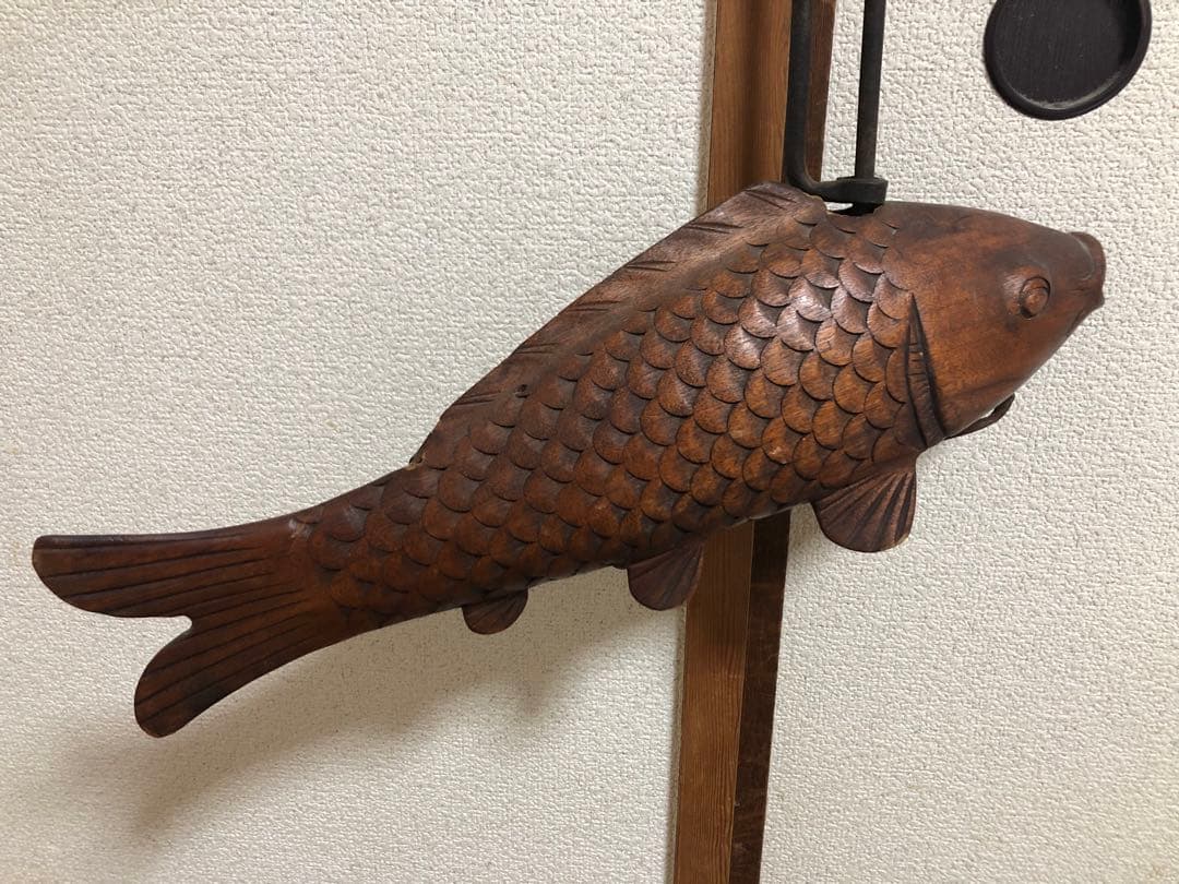 自在鉤　鯉　木彫り　囲炉裏