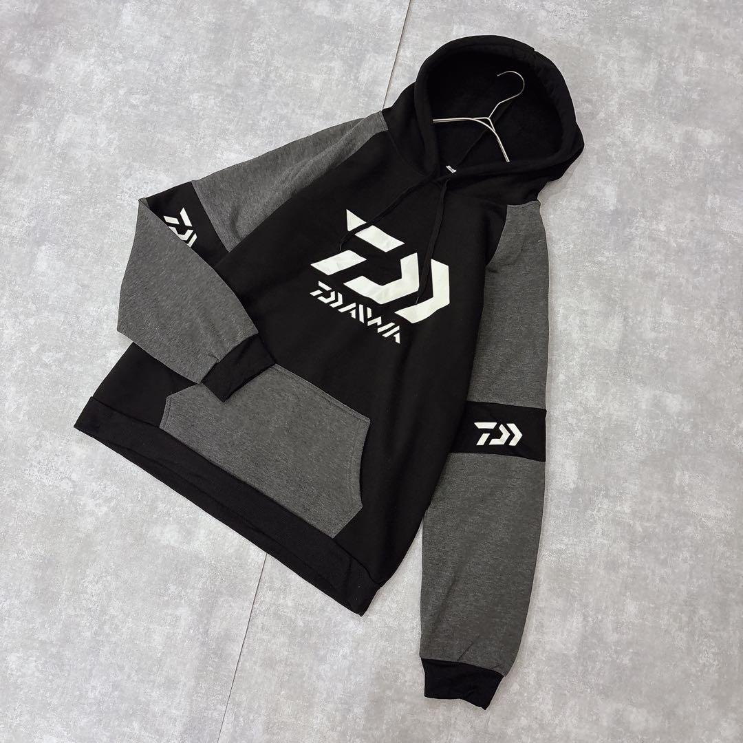 【大きいサイズ】3XL 裏起毛 ロゴ パーカー アウトドア 黒×グレー 釣り