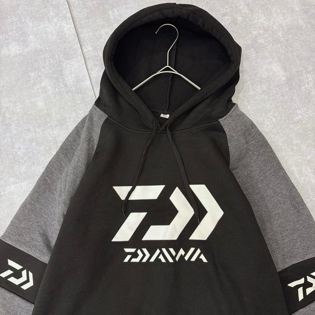 【大きいサイズ】3XL 裏起毛 ロゴ パーカー アウトドア 黒×グレー 釣り