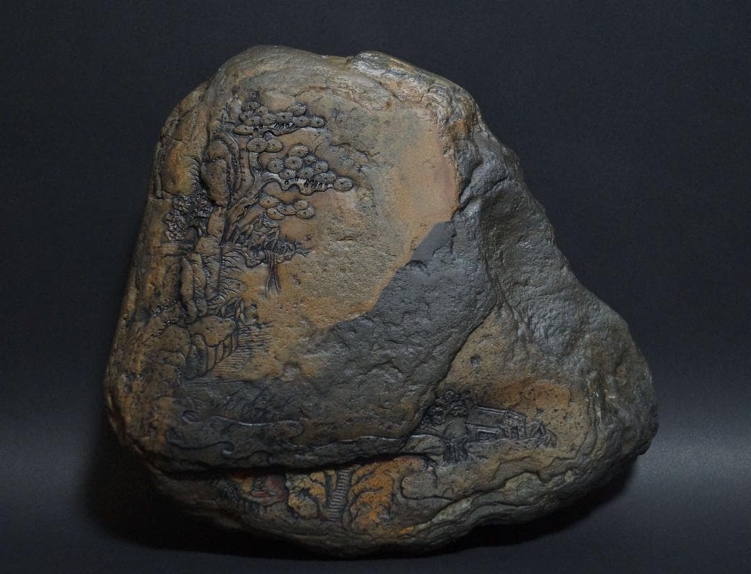 書道具 歙州硯石細工彫り『山水風景図』自然の形文鎮 書斎飾り石 美しい石目