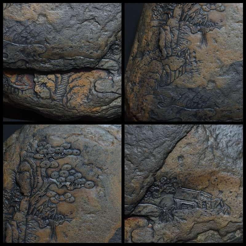 書道具 歙州硯石細工彫り『山水風景図』自然の形文鎮 書斎飾り石 美しい石目