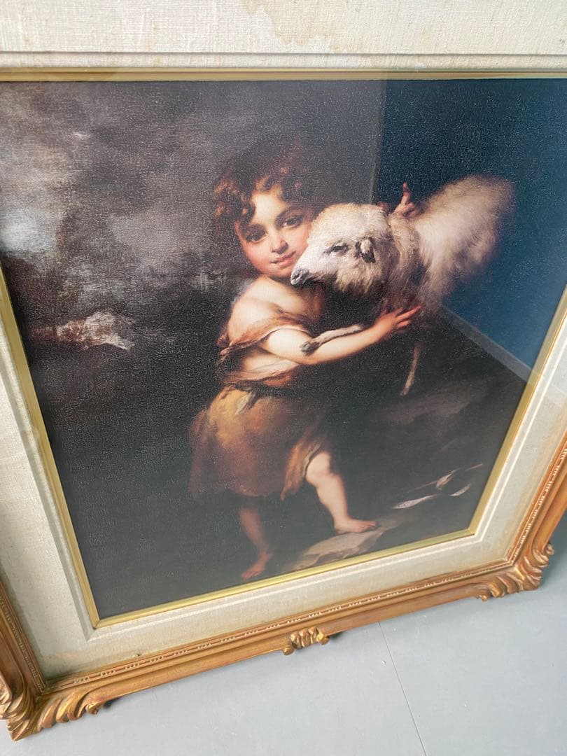 絵画　油絵　ムリーリョ　　幼い洗礼者聖ヨハネと子羊　美術品　額縁 名画/K-0