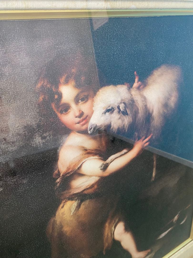 絵画　油絵　ムリーリョ　　幼い洗礼者聖ヨハネと子羊　美術品　額縁 名画/K-0