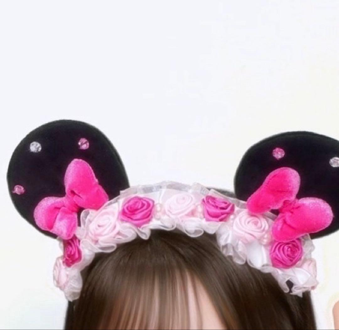 ミニー耳カチューシャ ピンク薔薇フリル付き