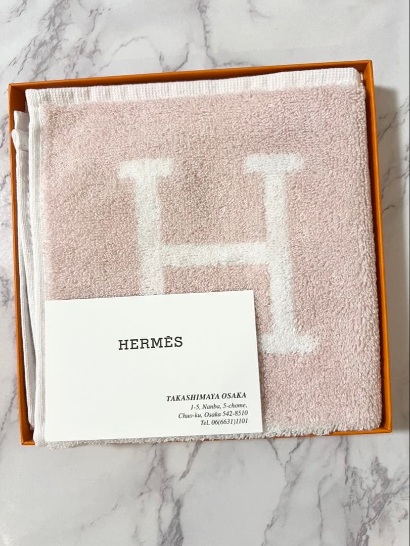 HERMES ピンク Hロゴ タオルハンカチ