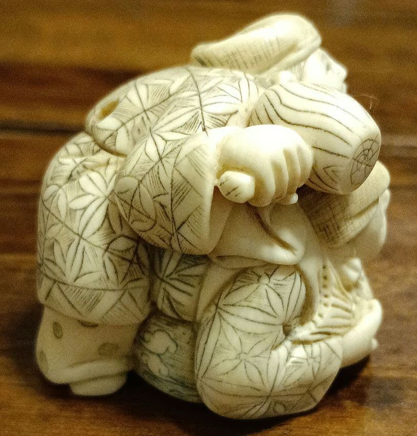 年代物 骨董 象牙風 在銘 恵比寿天 大黒天 根付 47ｇ 縁起物 商売繁盛