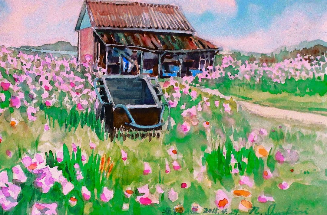 ハマダイコンの咲く小屋 水彩画 F６号額装済み 原画