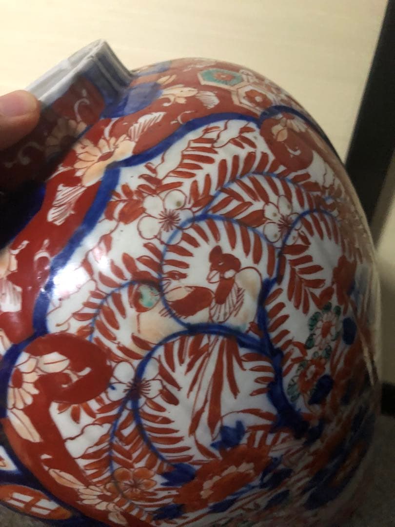 どっしり迫力ある花籠色絵の伊万里大壺 検古伊万里骨董古道具花活