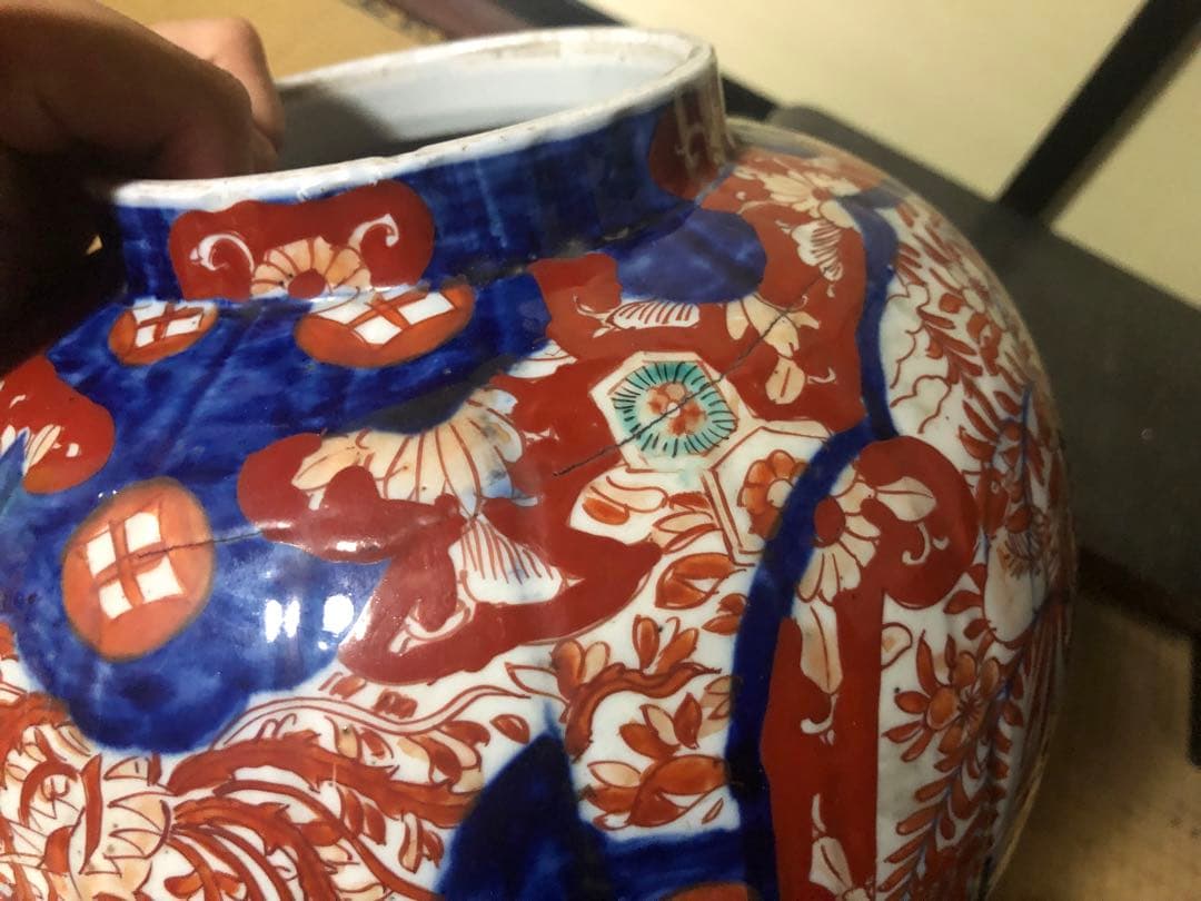 どっしり迫力ある花籠色絵の伊万里大壺 検古伊万里骨董古道具花活