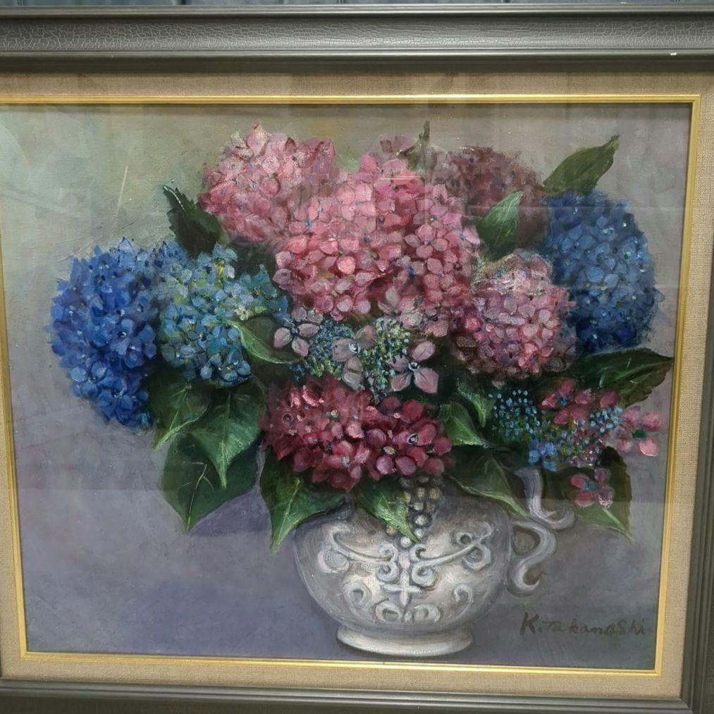 油絵　油彩画　あじさい　アジサイ　紫陽花　額縁入り　肉筆サインあり