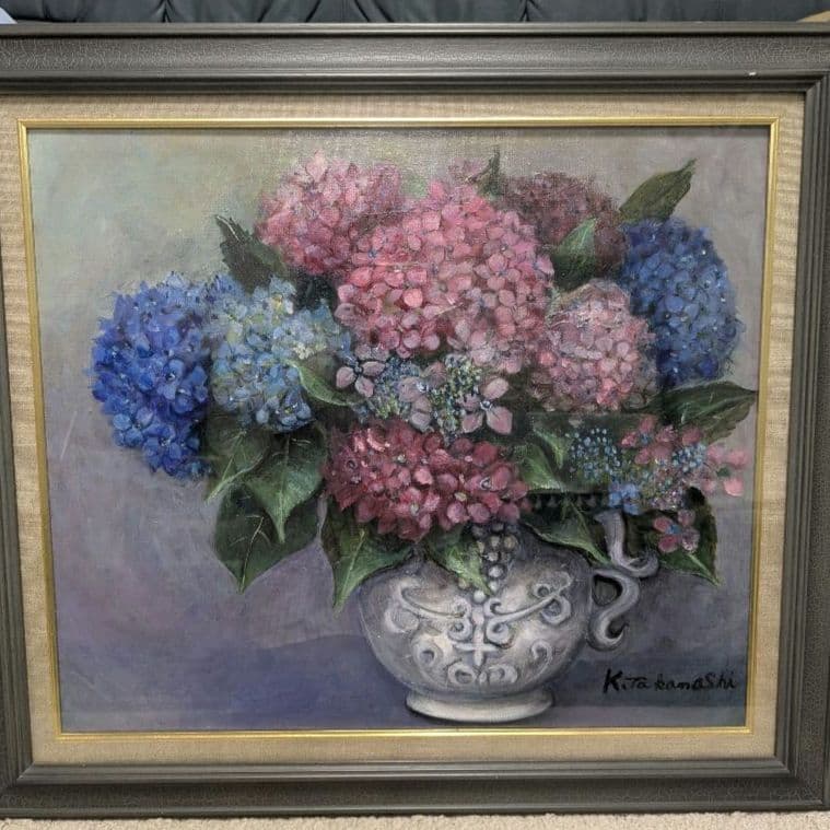 油絵　油彩画　あじさい　アジサイ　紫陽花　額縁入り　肉筆サインあり