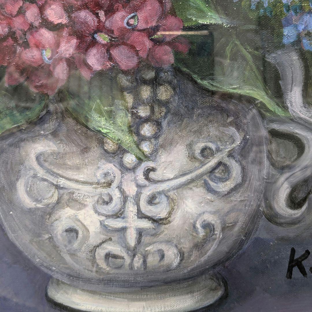 油絵　油彩画　あじさい　アジサイ　紫陽花　額縁入り　肉筆サインあり