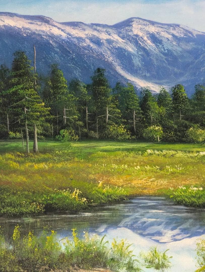 【真作】絵画　油彩6号　山影を映す高原の池　インテリア風景画　Z106