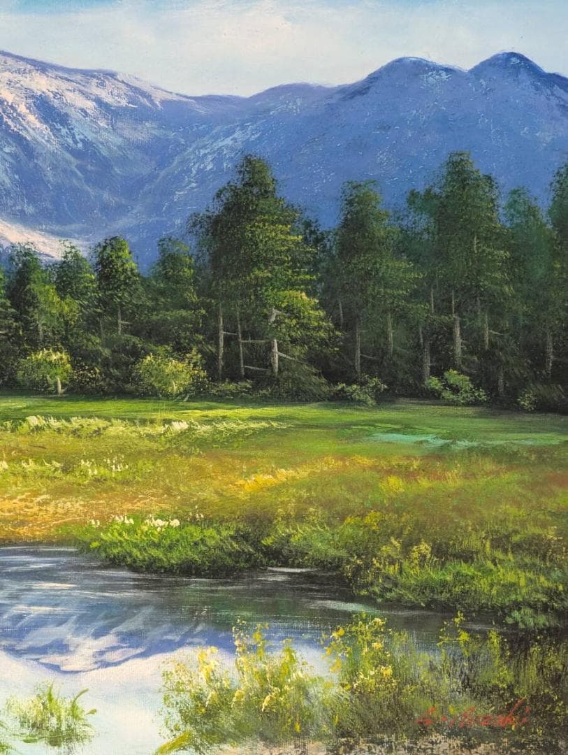 【真作】絵画　油彩6号　山影を映す高原の池　インテリア風景画　Z106