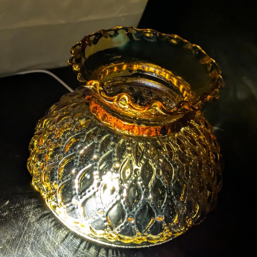 アンバーガラス ランプシェード ヴィンテージ フリルリム 凹凸模様 レトロ照明
