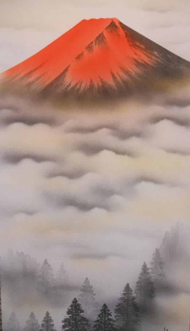 掛け軸 山村 『 赤富士 』 絹本 希少 軸装 茶道具 掛軸 美品 です。