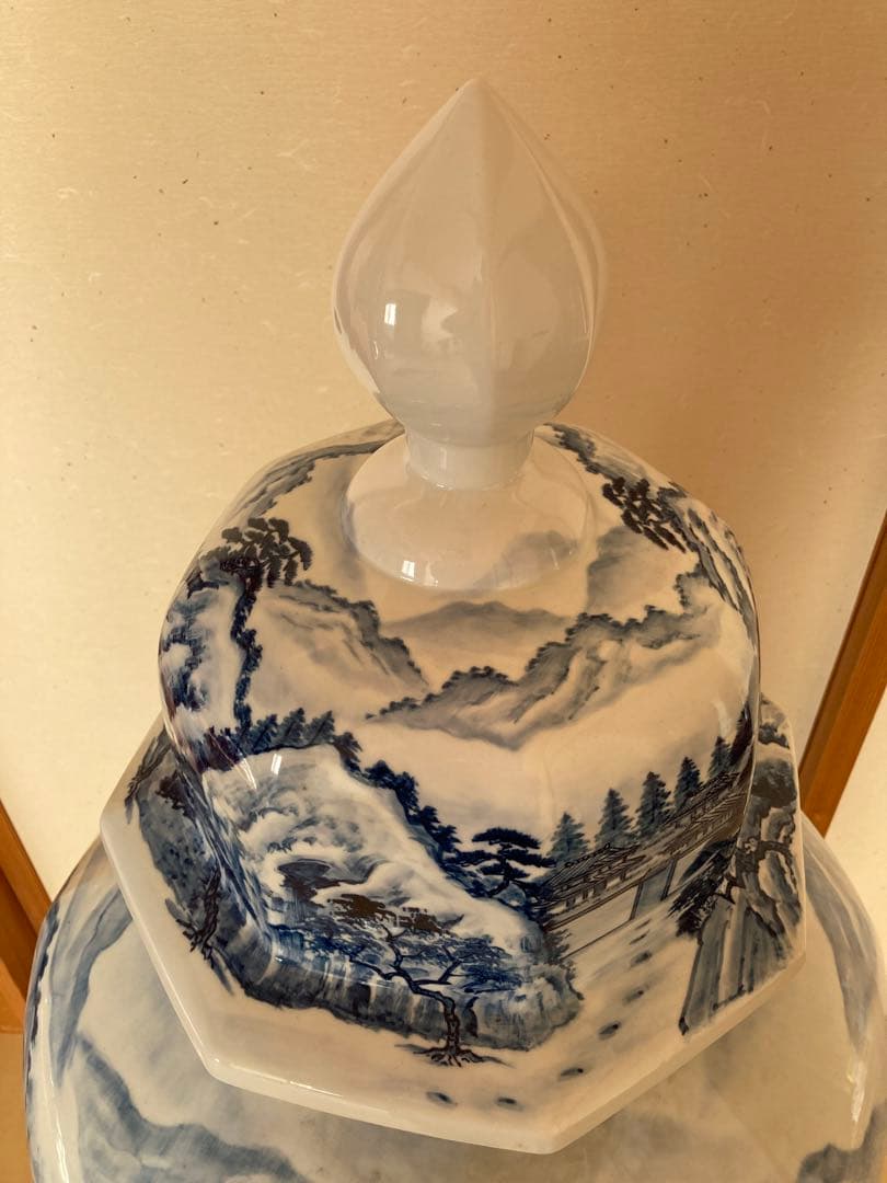 有田焼 藤井錦彩作 染付山水図 大壺 沈香壺 伝統工芸美術 陶磁器 和物骨董