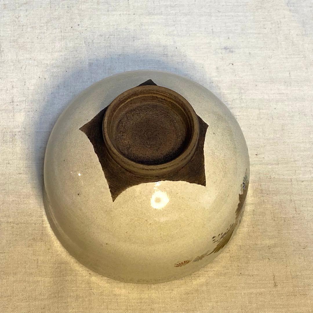 京焼　抹茶碗　茶道具　金彩　花の図　共箱　仕覆　巾着付⑤