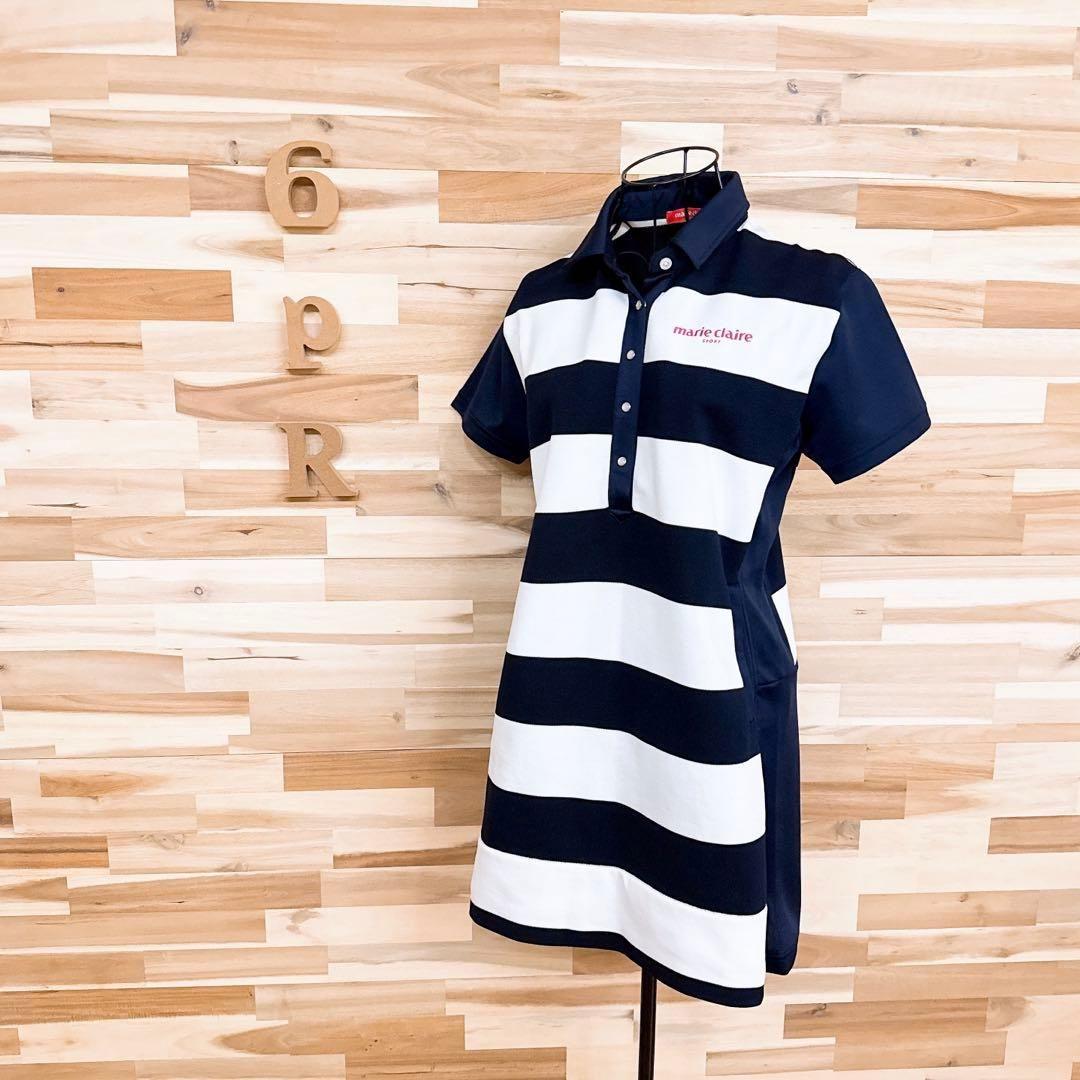 【マリクレール】マリン ボーダー ゴルフ ワンピース ストレッチ L 紺×白