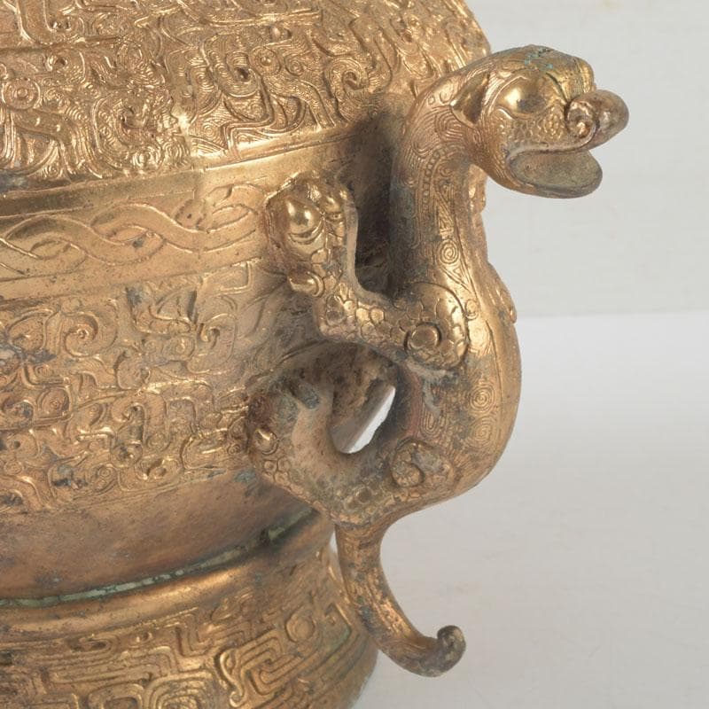 中国　古銅鍍金　漢詩刻　饕餮文　神獣蓋壷　M　9857A
