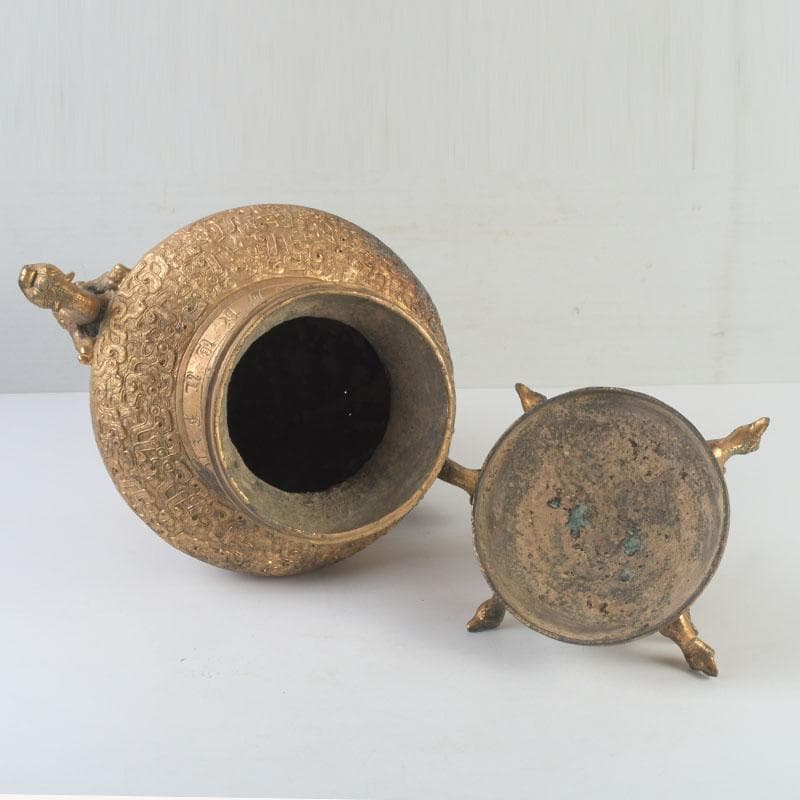 中国　古銅鍍金　漢詩刻　饕餮文　神獣蓋壷　M　9857A