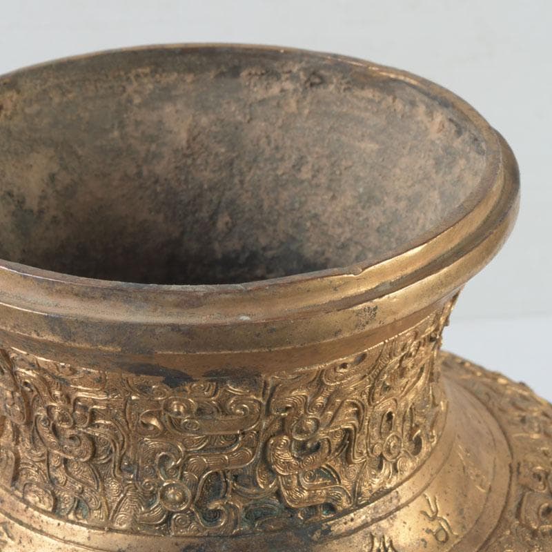 中国　古銅鍍金　漢詩刻　饕餮文　神獣蓋壷　M　9857A