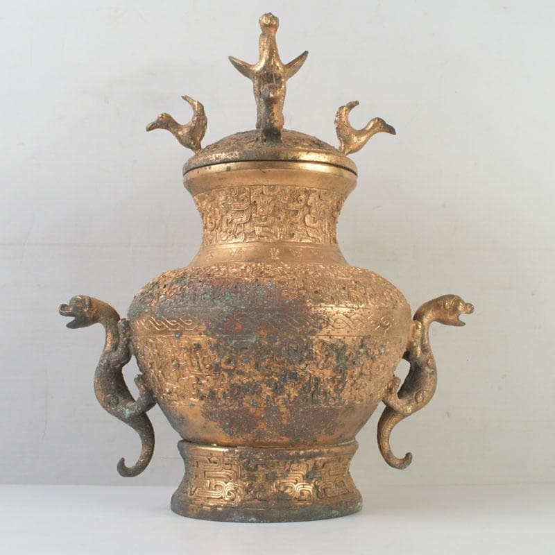 中国　古銅鍍金　漢詩刻　饕餮文　神獣蓋壷　M　9857A