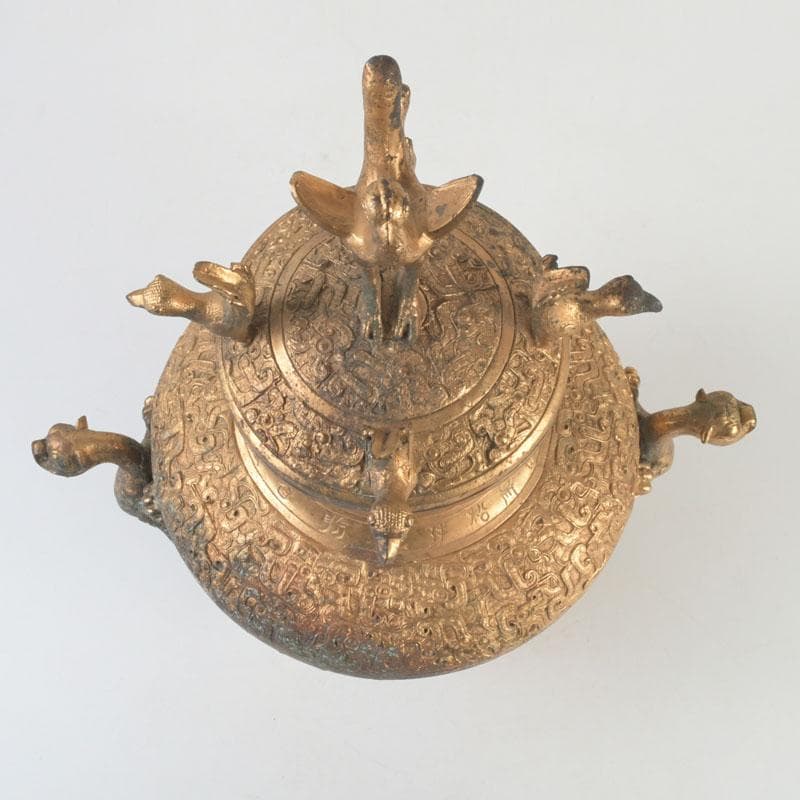 中国　古銅鍍金　漢詩刻　饕餮文　神獣蓋壷　M　9857A