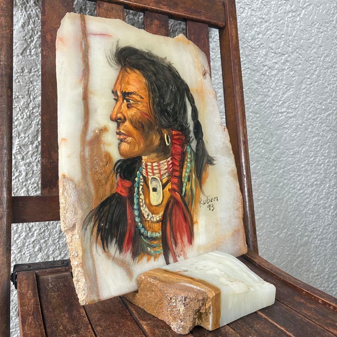 超レア！ネイティブアメリカン　インディアン大理石オブジェ絵USAヴィンテージ雑貨