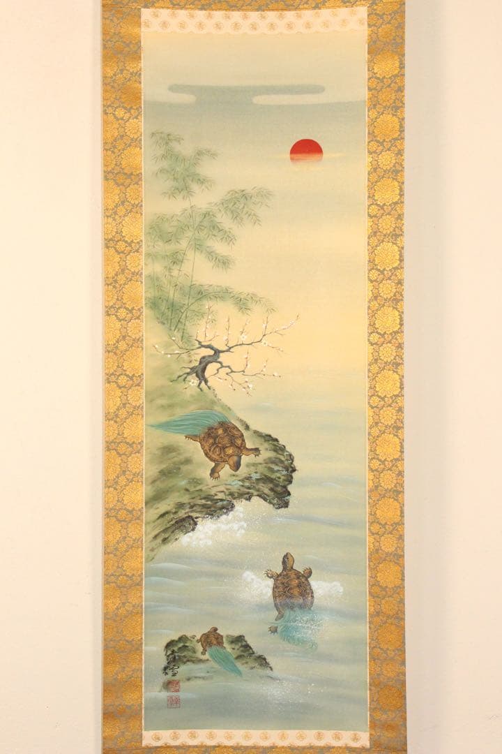 No5313 掛軸　双幅　銘有　国井孝雪　鶴亀之図　絹本　共箱　縁起物　送料無料