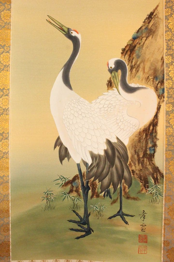 No5313 掛軸　双幅　銘有　国井孝雪　鶴亀之図　絹本　共箱　縁起物　送料無料