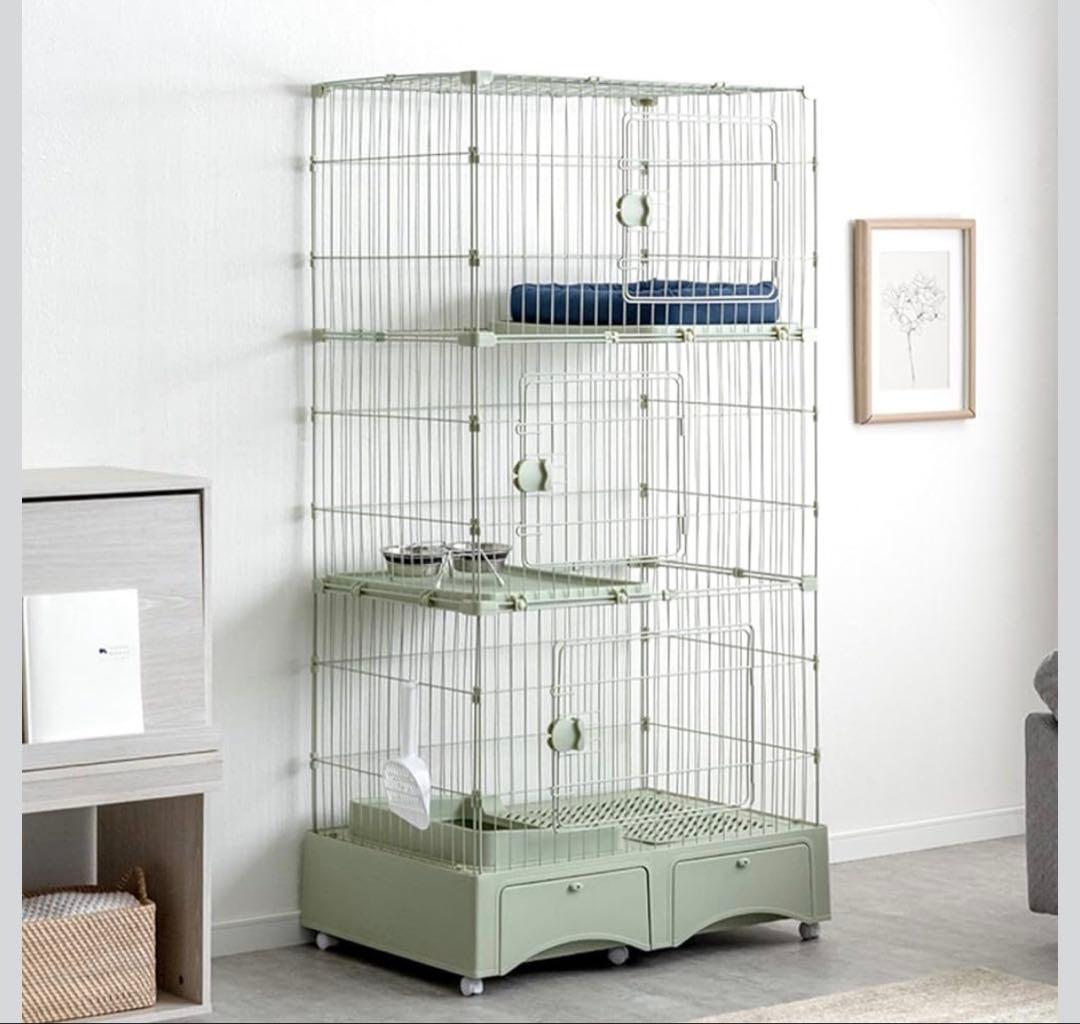 トイレ一体型 3段キャットケージ 157cm グリーン