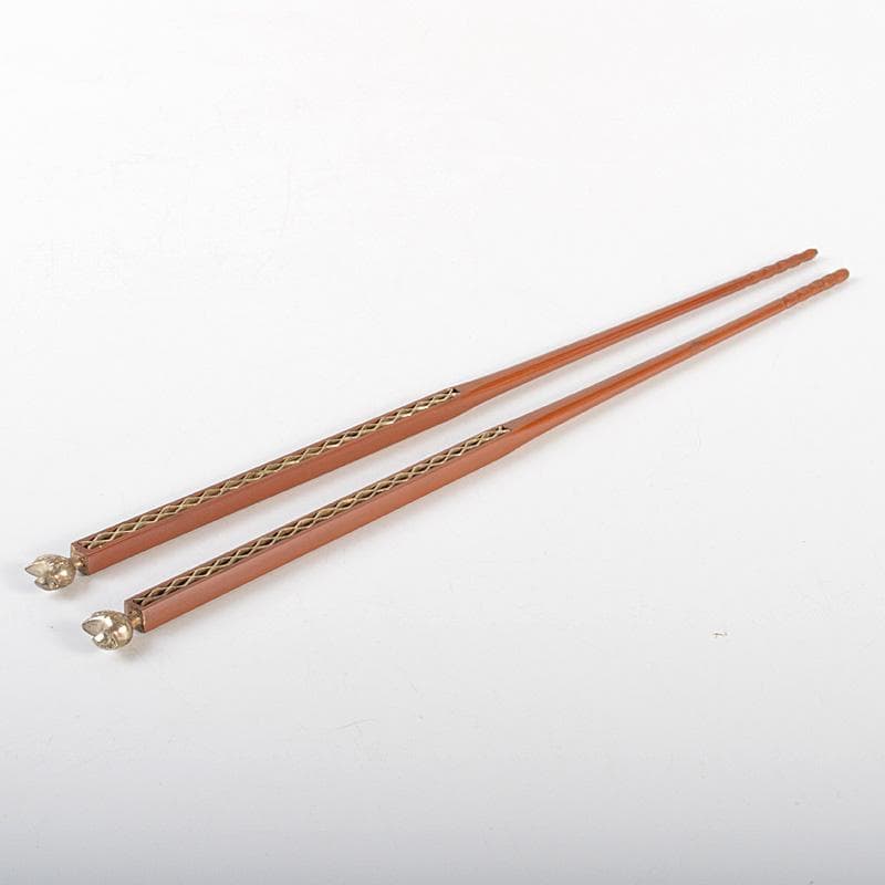 茶道具　梅龍軒作　銅製　鳥頭角透かし　象嵌　火箸　共箱　C　6641