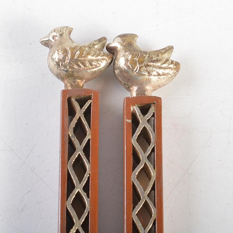 茶道具　梅龍軒作　銅製　鳥頭角透かし　象嵌　火箸　共箱　C　6641