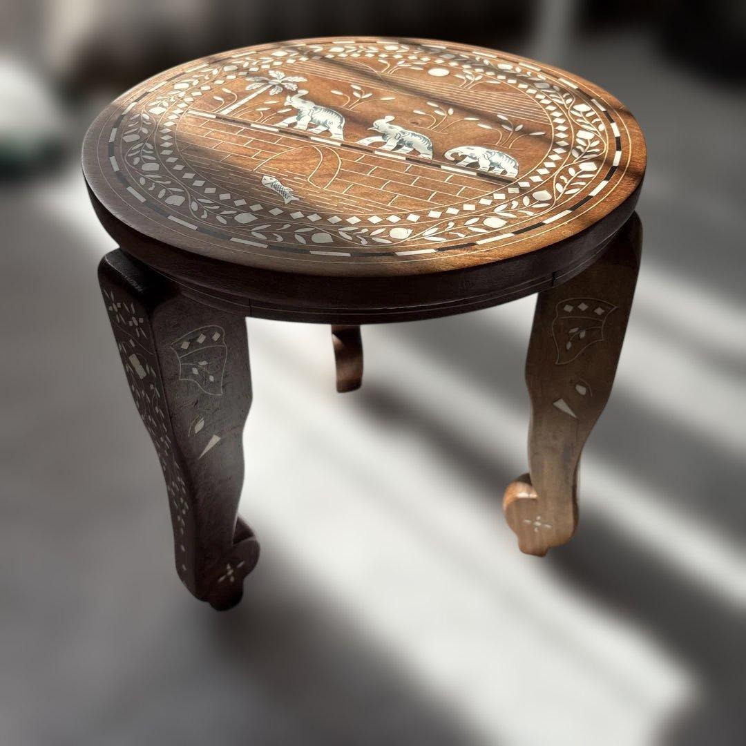 木製テーブル　3本足　猫足　ゾウ柄　タージマハール
