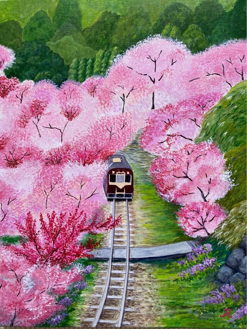 ご依頼品　花の絵　風景画　アクリル画　原画 「花桃のトンネル」F6「三春の滝桜」