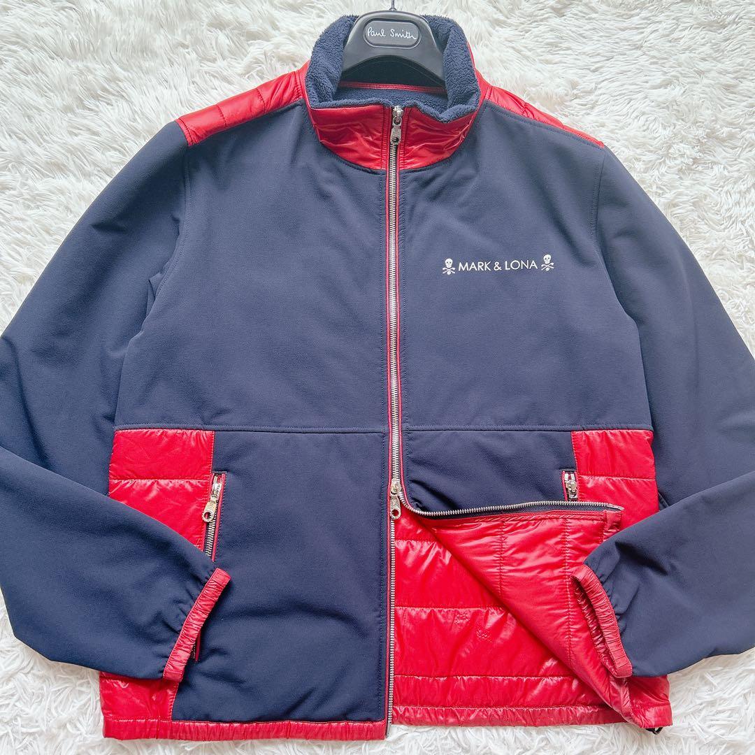 美品 マークアンドロナ ゴルフウェア 中綿ブルゾン 48 赤×紺 撥水 防寒
