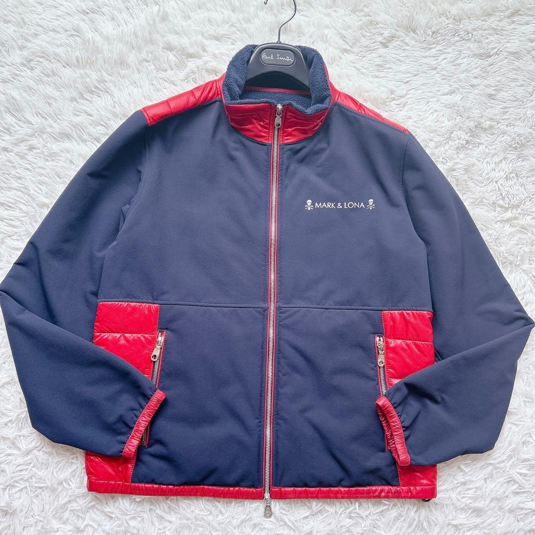 美品 マークアンドロナ ゴルフウェア 中綿ブルゾン 48 赤×紺 撥水 防寒
