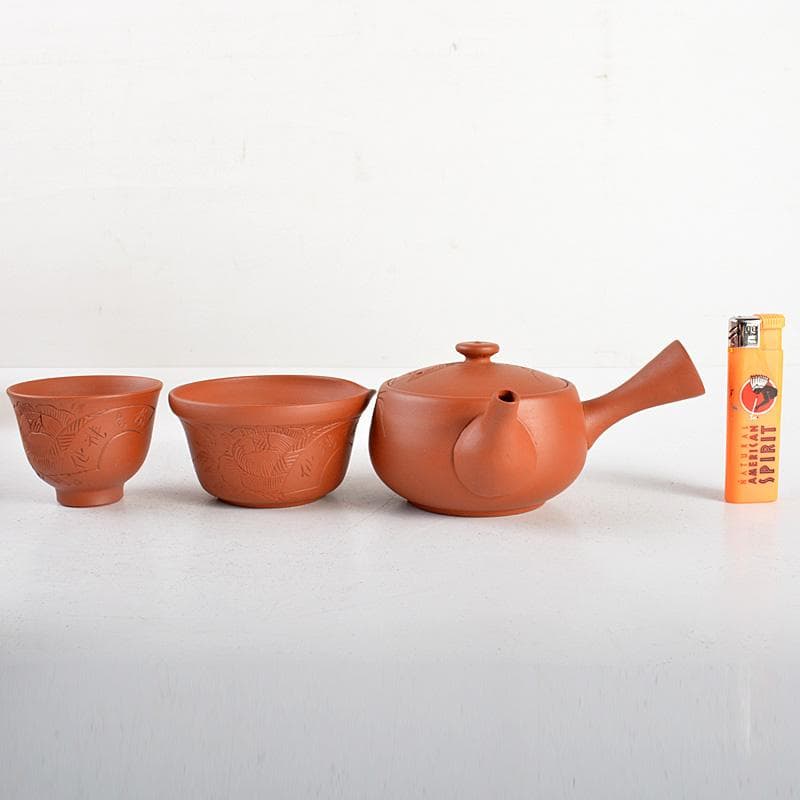 朱萬古焼　白雲陶園　朱泥　急須　湯冷　煎茶碗五客　煎茶器揃　共箱　6203C