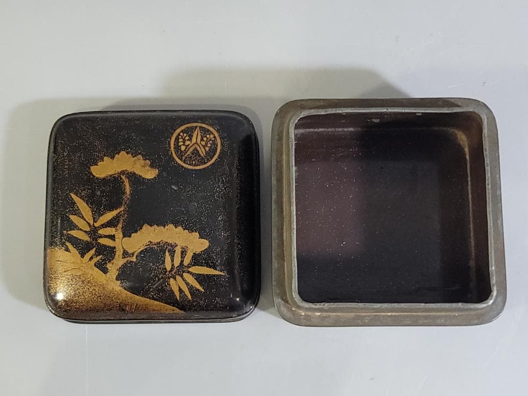 DT340 古美術 時代蒔絵 錫口 香合 蓋物